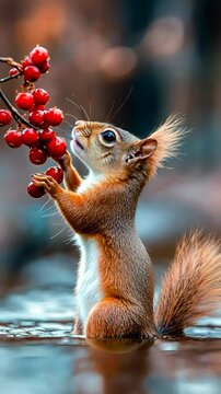 Squirrel reaching for bright red berries in a natural setting during soft light of late afternoon