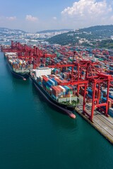 Fototapeta premium Dynamic Container Port Operations with Colorful Ships and Cranes in Coastal City - Industrial Logistics and Global Trade Concept