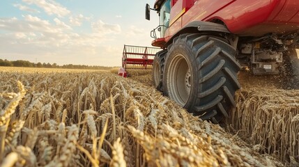 Dynamic Close-Up of Red Combine Harvester Tire Cutting Through Wheat Field on a Sunny Day