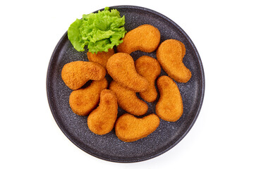 Crispy chicken nuggets, isolated on white background.