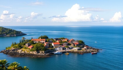 Obraz premium Idyllic island village with colorful houses, boats, and lush greenery, surrounded by tranquil blue sea under a bright sky.