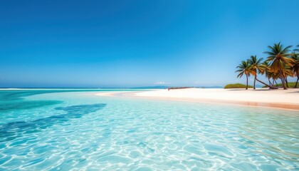Fototapeta premium Idyllic tropical beach scene with clear turquoise water, white sand, and palm trees under a vibrant blue sky.