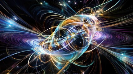 Obraz premium Abstract cosmic design showcasing swirling galaxy patterns in shades of deep blue, purple, and black. Accented with glowing stars and radiant light trails spiraling dynamically.