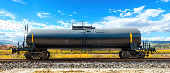 High resolution image of sleek black tanker car on railway tracks under blue sky. industrial design contrasts with natural landscape, creating striking visual