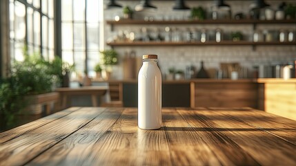 White Bottle Rests on Wooden Table in Kitchen Setting