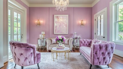 Elegant Pink Living Room with Crystal Chandelier and Floral Decor