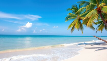Fototapeta premium Idyllic tropical beach scene with palm trees, clear turquoise water, and white sand under a bright blue sky.