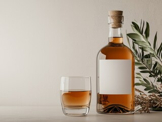 Elegant Amber Whiskey Bottle and Glass on Textured Neutral Background - Minimalist Sophistication and Tranquility