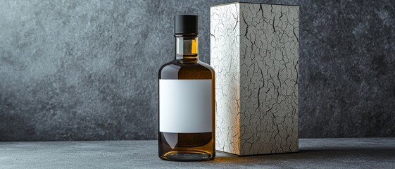 Elegant Amber Glass Bottle with White Label and Cracked Box on Textured Grey Surface - Minimalist Product Mock-Up Concept for Branding and Marketing
