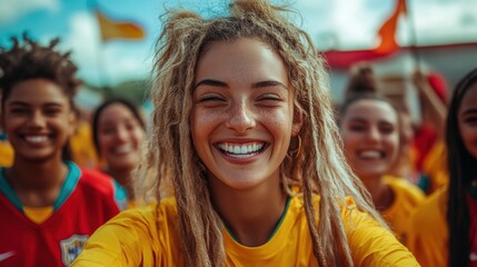 A group of joyful individuals wearing vibrant yellow jerseys is seen smiling broadly, possibly celebrating an event or participating in a festival outdoors.