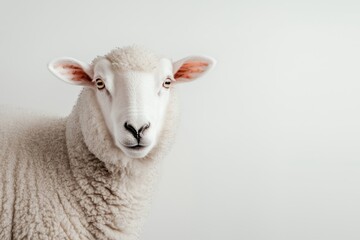 Elegant Close-Up of White Sheep on Minimalist Background - Serene Farm Animal Photography in Soft Lighting for Nature and Wool Products