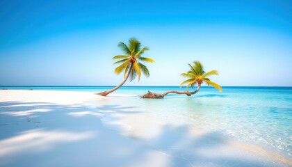 Obraz premium Idyllic tropical beach with two leaning palm trees on white sand and turquoise water under a bright blue sky.