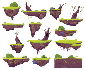 Vector illustration set of floating islands game platforms