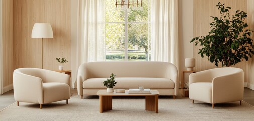 Elegant Minimalist Living Room with Off-White Curved Sofa, Serene Sunlit Garden View, Modern Scandinavian Design