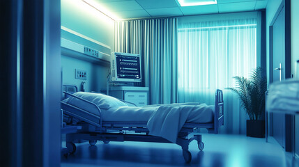 A hospital bed with electronic display and medical equipment in a bright, serene environment, captured in high resolution with natural lighting