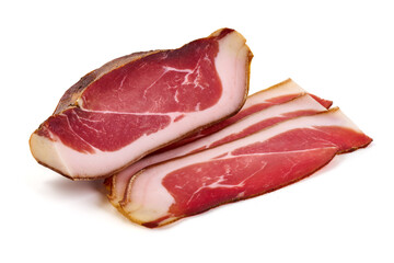 Dry Spanish ham, Jamon Serrano, Iberian ham Isolated on white background.