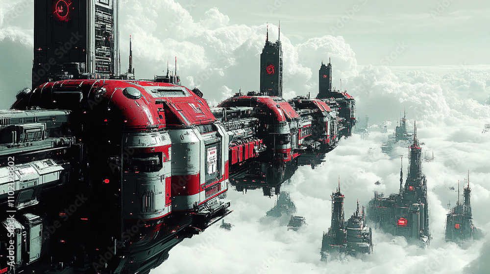 Poster futuristic cityscape with towering structures above clouds at dawn revealing advanced technology and