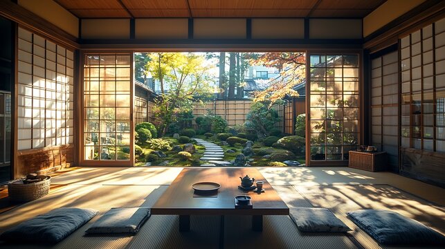 Peaceful Japanese Tea Room with Serene Autumn Garden Landscape