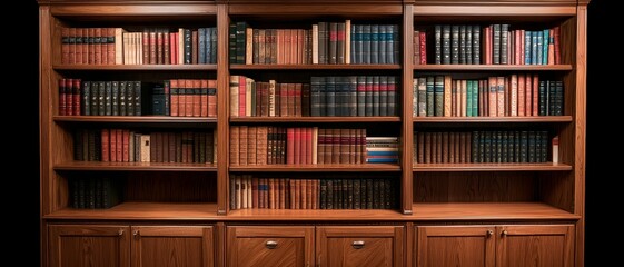 Elegant Wooden Bookcase with Varied Books in Warm Setting, Classic Library Charm and Timeless Sophistication