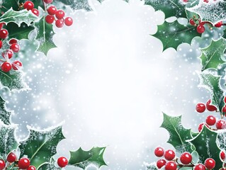 christmas or new year card invitation with holly leaves and red berries