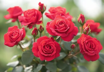 Fototapeta premium Vibrant Red Roses Blooming in Sunlight with Lush Green Background Featuring Beautiful Petals and Rich Colors Ideal for Nature and Floral Themes