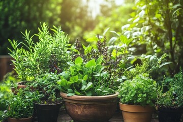 Lush Herbal Garden in Terracotta Pots - Vibrant herbs thriving in terracotta pots, symbolizing nature, health, growth, abundance, and tranquility.
