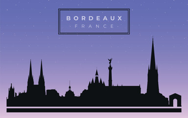 Cityscape against the starry sky. Bordeaux, France. Silhouettes of buildings. Vector on a gray background	