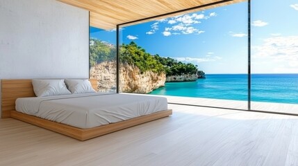 Serene Modern Bedroom with Expansive Ocean View and Natural Light, Showcasing Contemporary Design Elements and a Harmonious Connection to Nature