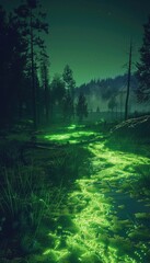 Glowing Stream in a Mystical Forest at Night
