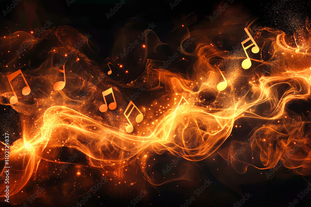 Poster dynamic waves of glowing orange music notes dancing across a dark backdrop in a hyperrealistic, high