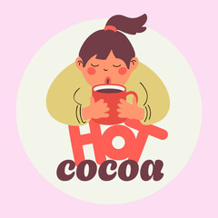 The girl drinks cocoa from a large cup.