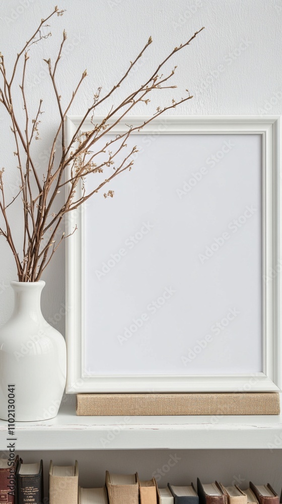 Poster minimalist home decor featuring a white vase with delicate branches beside an empty picture frame, c