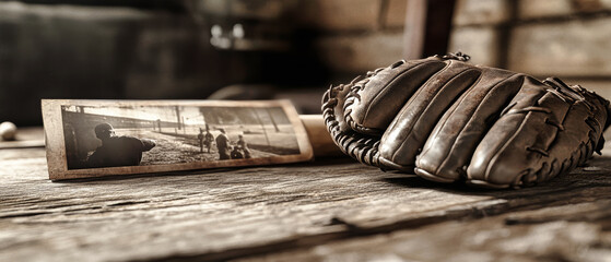 A vintage baseball bat and glove with an old game photograph resting on rustic wooden planks, highlighting a nostalgic sports moment