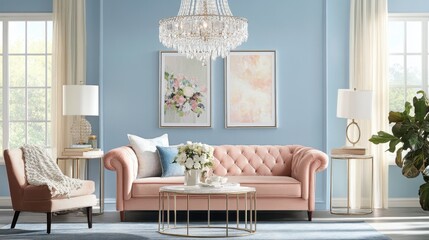 Elegant Living Room with Pink Sofa and Crystal Chandelier Decor