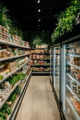 Fototapeta premium Fresh Market Aisle Symmetrical Grocery Store Display of Fresh Produce and Prepared Foods with Vertical Garden Background - Clean, Inviting Retail Atmosphere