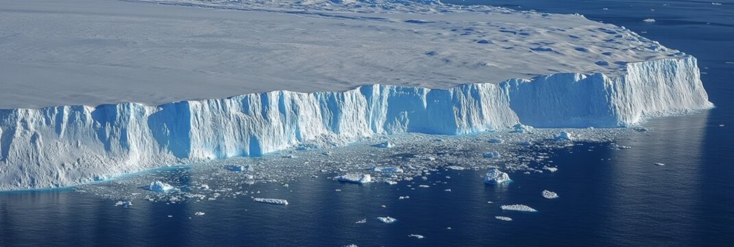 Majestic Iceberg Cliff: Aerial View of Antarctic Ice - Stunning aerial view of a massive iceberg calving, showcasing Antarctic ice beauty, wildlife, climate change, and the power of nature.