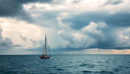 Lonely sailboat sailing on dramatic ocean under stormy clouds.