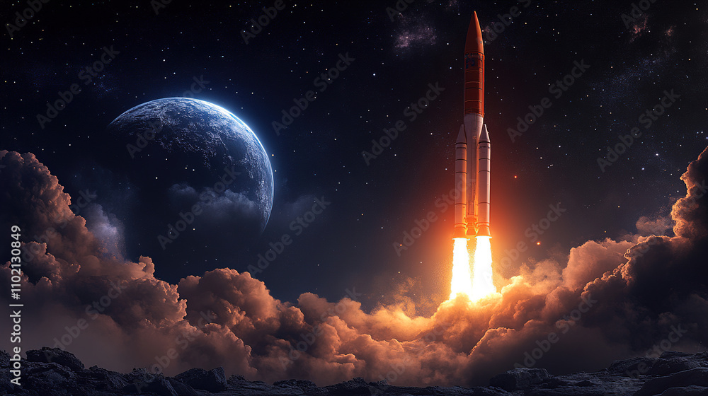 Poster rocket launches into space, illuminated against a starry sky with a visible planet in the background