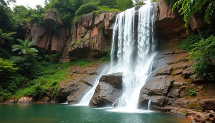 Lush green forest waterfall cascading over rocks into a tranquil pool.