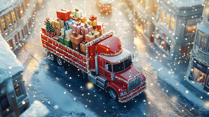 Aerial view of Christmas decorated truck carrying gifts in the street in winter town covered with snow in snowfall.