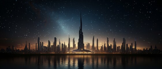 Obraz premium Futuristic Night Cityscape Reflection in Calm Water - Serene Urban Skyline with Starry Night Background, Surreal Futurism Concept