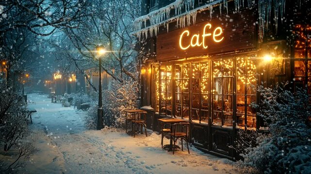 Winter cafe with glowing lights and snowy outdoor seating. Seamless looping 4k video background