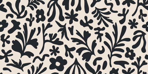 Flower seamless background. Minimalistic abstract floral pattern. Modern print in black and white background. Ideal for textile design, wallpaper, covers, cards, invitations and posters.