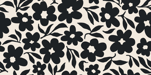 Flower seamless background. Minimalistic abstract floral pattern. Modern print in black and white background. Ideal for textile design, wallpaper, covers, cards, invitations and posters.