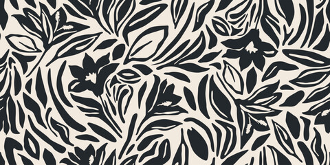 Flower seamless background. Minimalistic abstract floral pattern. Modern print in black and white background. Ideal for textile design, wallpaper, covers, cards, invitations and posters.