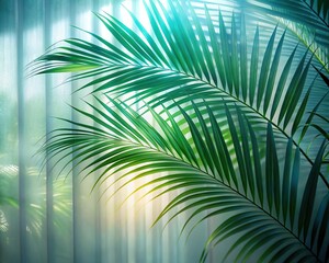 Green palm with reeded glass. Ribbed Background. Minimal magazine concept on wood banner. Plant leaves. Pure abstract design on empty background for clean modern look. White Reeded Glass.