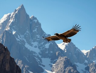 Himalayan Griffon Vulture Soaring Above Peaks.