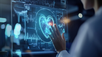 doctor analyzing heart data on digital screen, showcasing advanced technology and medical innovation. scene reflects focus on health and patient care