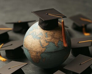 Global Graduation Achievement Closeup of World Globe with Graduation Cap, Academic Success Concept, Symmetrical Composition on Dark Surface