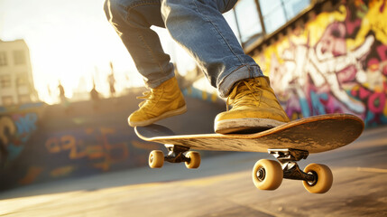 Skateboarder in yellow boots performs a kickflip at sunset in a vibrant skate park with graffiti artwork